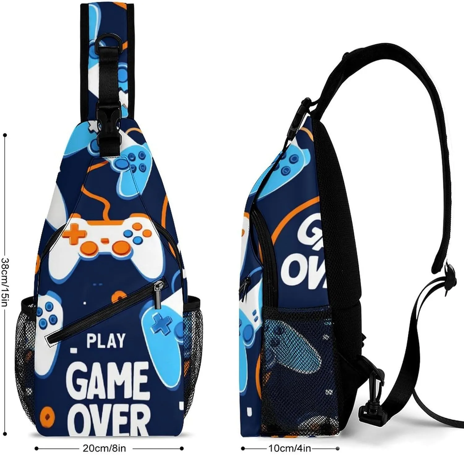 Fashion Sling Bag Crossbody Bags, Video Games Weapon Games Game over Play Over Shoulder Backpack Casual Cross Chest Side Pack with Strap, Multi-pockets, Buckles for Hiking, Travel