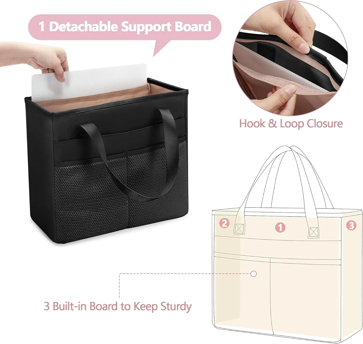 File Folder Tote Bag with Handle, Portable Document Organizer Box for Letter Size File Folder, Folding File Case for Home Office, Black, Large