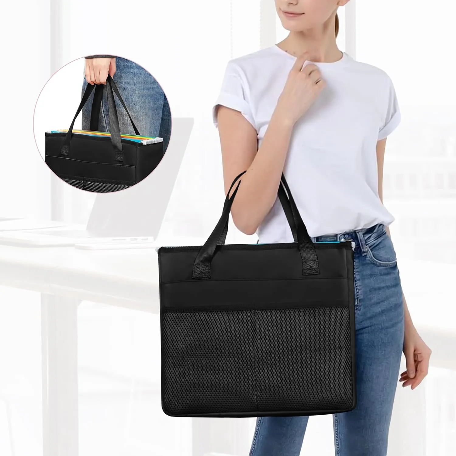 File Folder Tote Bag with Handle, Portable Document Organizer Box for Letter Size File Folder, Folding File Case for Home Office, Black, Large