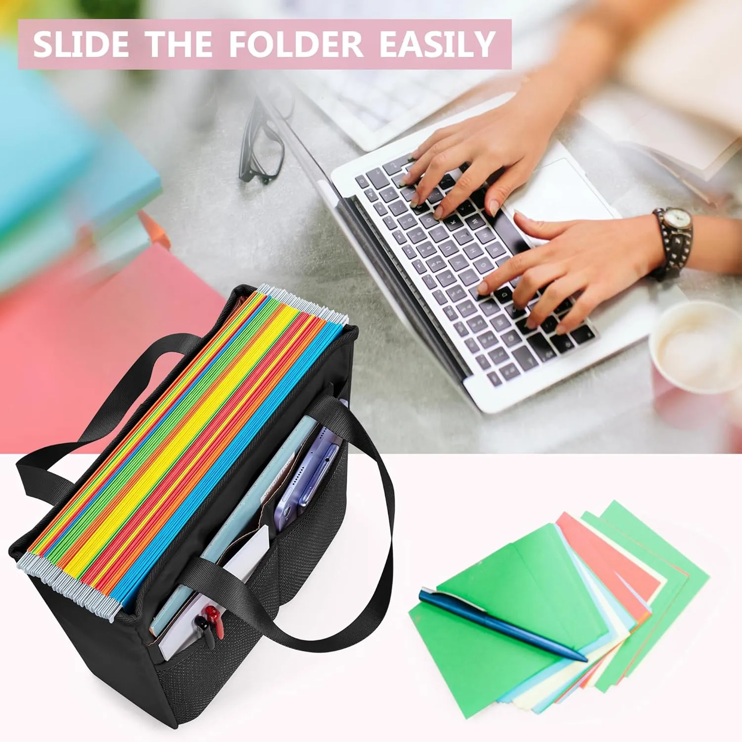 File Folder Tote Bag with Handle, Portable Document Organizer Box for Letter Size File Folder, Folding File Case for Home Office, Black, Large