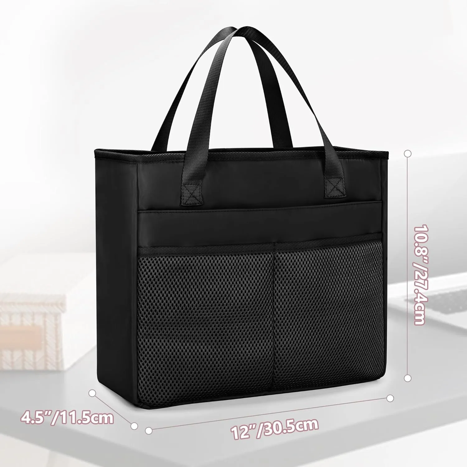 File Folder Tote Bag with Handle, Portable Document Organizer Box for Letter Size File Folder, Folding File Case for Home Office, Black, Large
