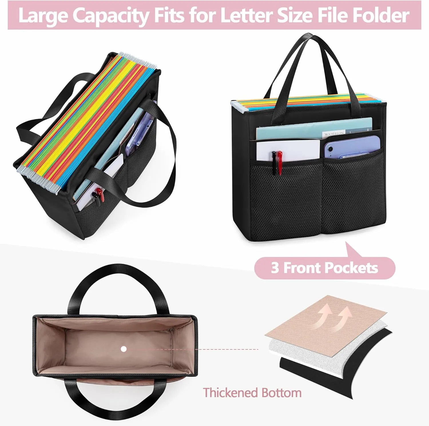 File Folder Tote Bag with Handle, Portable Document Organizer Box for Letter Size File Folder, Folding File Case for Home Office, Black, Large
