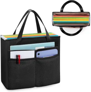 File Folder Tote Bag with Handle, Portable Document Organizer Box for Letter Size File Folder, Folding File Case for Home Office, Black, Large