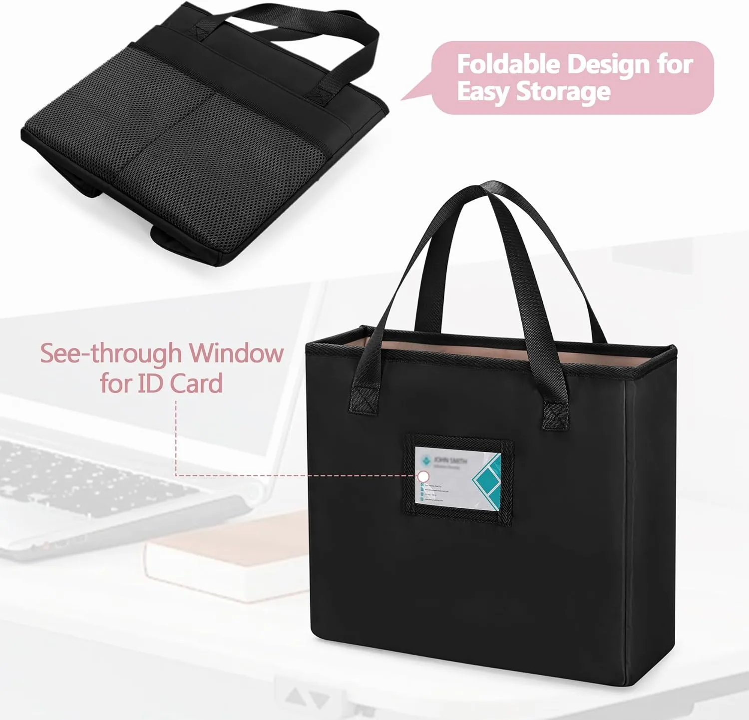 File Folder Tote Bag with Handle, Portable Document Organizer Box for Letter Size File Folder, Folding File Case for Home Office, Black, Large