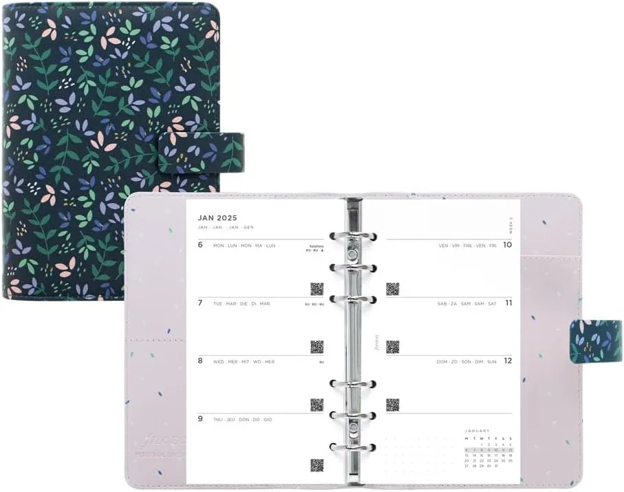 Filofax Garden Organizer, Personal Size, Dusk - Leather-Look, Gold Foil Accents, Six Rings, Week-to-View Calendar Diary, Multilingual, 2025 (C028713-25)