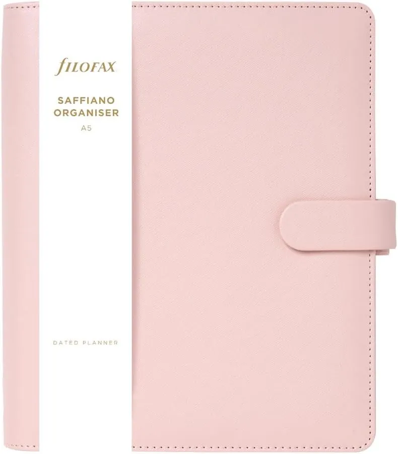Filofax Saffiano Organizer, A5 Size, Blush - Cross-Grain, Leather-Look, Six Rings, Week-to-View Calendar Diary, Multilingual, 2025 (C022700-25)