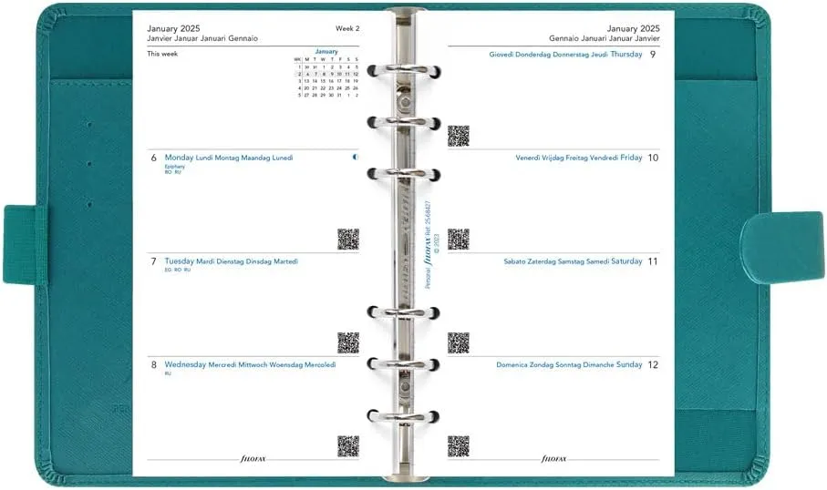 Filofax Saffiano Organizer, Personal Size, Aquamarine - Cross-Grain, Leather-Look, Six Rings, Week-to-View Calendar Diary, Multilingual, 2025 (C022530-25)
