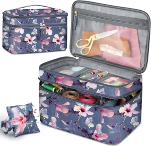 FINPAC Sewing Accessories Storage and Organizer Case, Double-Layer Sewing Kits Carrying Bag with Wrist Pin Cushion for Threads, Needles, Embroidery Floss Supplies, Felting Kits (Blooming Hibiscus)