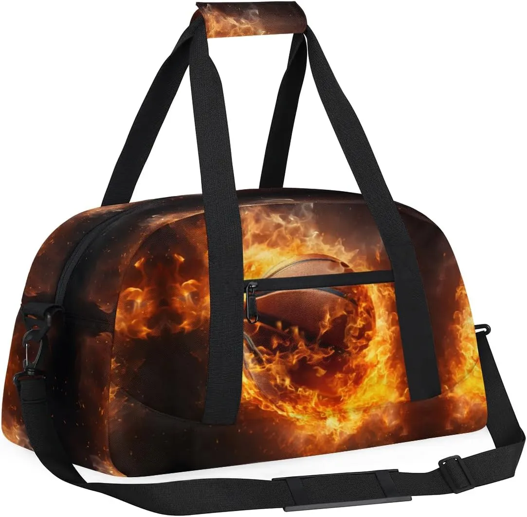 Fire Basketball Kids Duffel Bag for Boys, Sports Gym Bag Overnight Travel Weekender Bag Lightweight Carry On Sleepovers Bag for School Practice Gymnastics