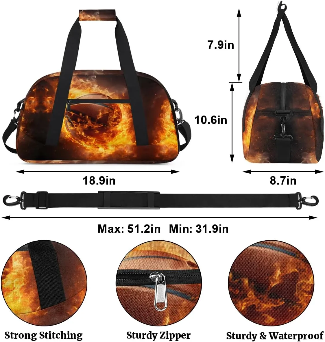 Fire Basketball Kids Duffel Bag for Boys, Sports Gym Bag Overnight Travel Weekender Bag Lightweight Carry On Sleepovers Bag for School Practice Gymnastics
