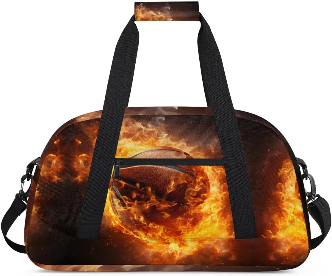 Fire Basketball Kids Duffel Bag for Boys, Sports Gym Bag Overnight Travel Weekender Bag Lightweight Carry On Sleepovers Bag for School Practice Gymnastics