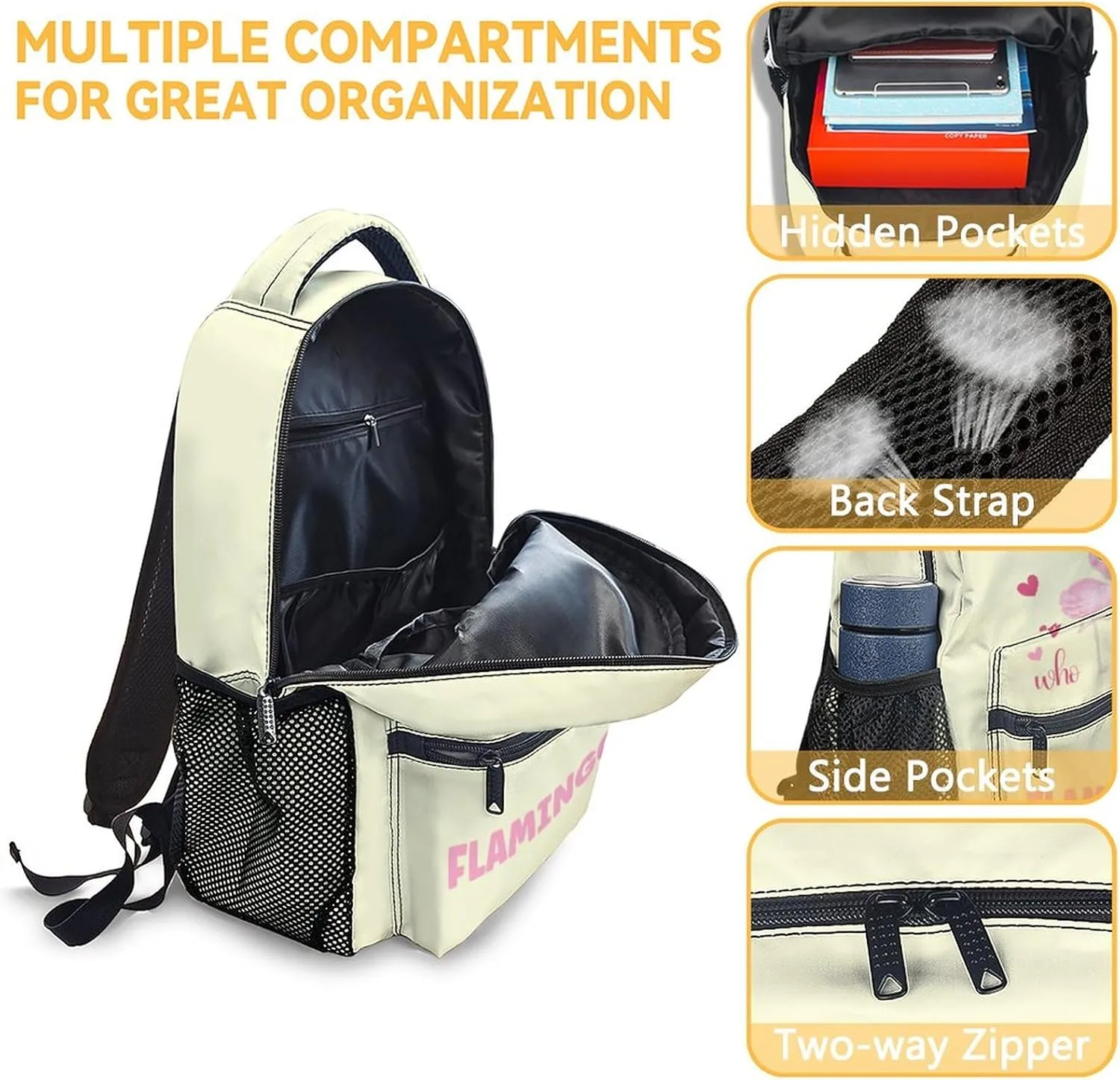 Flamingo Backpacks for Girls - 16 Inch Cute Backpack for School - Yellow, Large Capacity, Durable, Lightweight Bookbag for Kids Travel