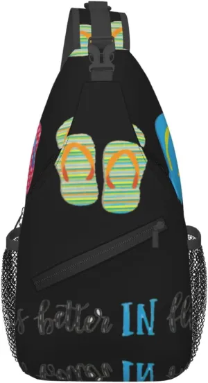 Flip Flops Calligraphy Beach Shoes Print Sling Bag Crossbody Backpack For Women Men Hiking Travel Over The Shoulder Multipurpose Bag