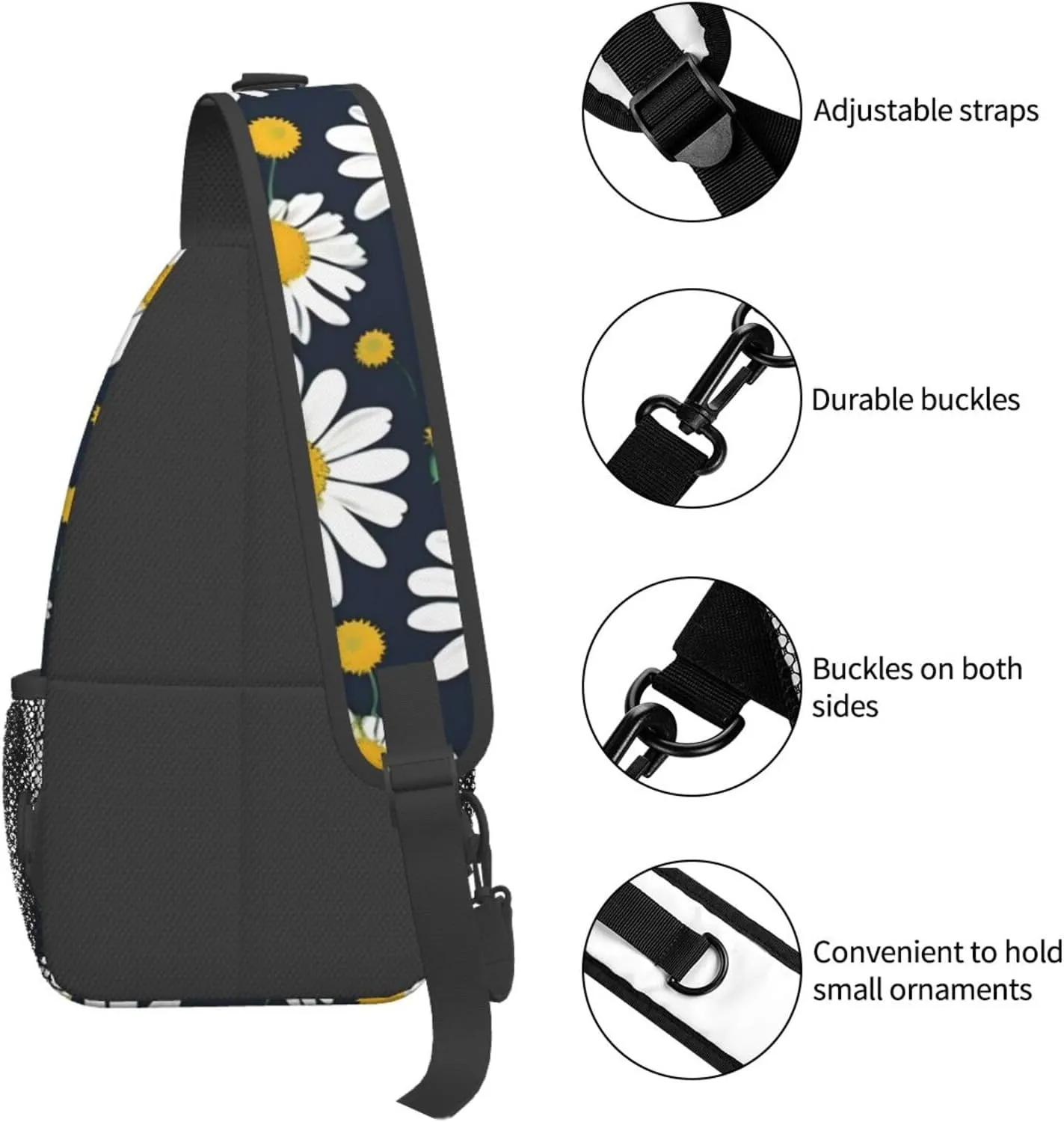 Floral Daisies pattern Print Sling Backpack, Sling Bag, Crossbody Chest Bag Daypack, for Hiking Travel