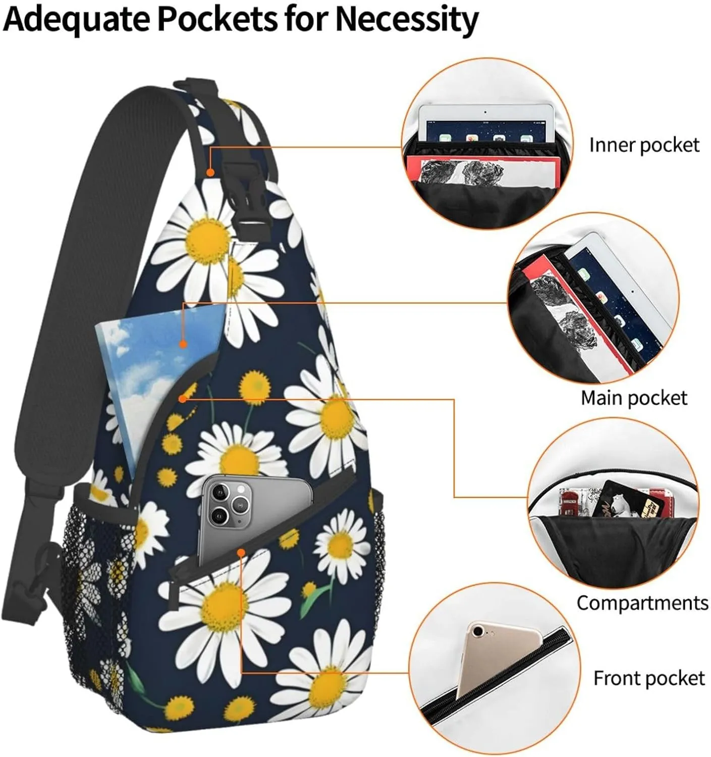 Floral Daisies pattern Print Sling Backpack, Sling Bag, Crossbody Chest Bag Daypack, for Hiking Travel