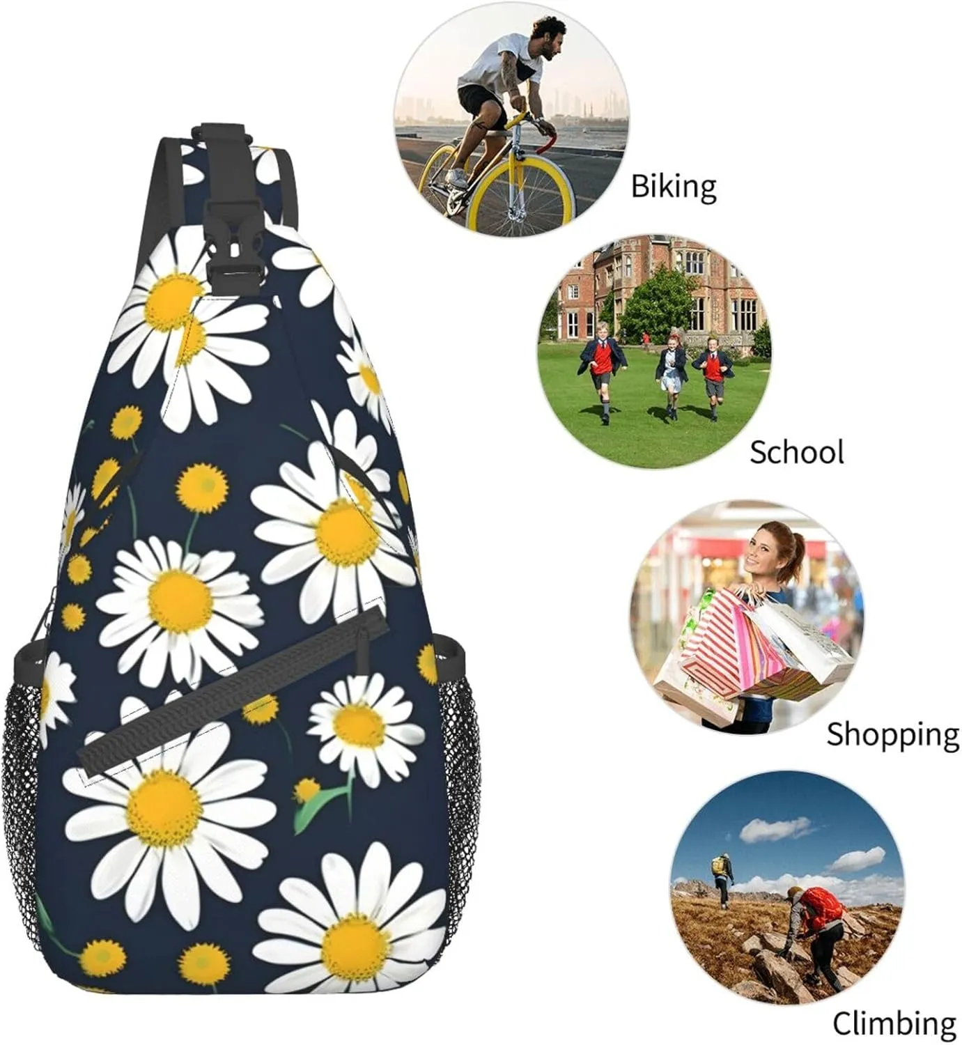 Floral Daisies pattern Print Sling Backpack, Sling Bag, Crossbody Chest Bag Daypack, for Hiking Travel