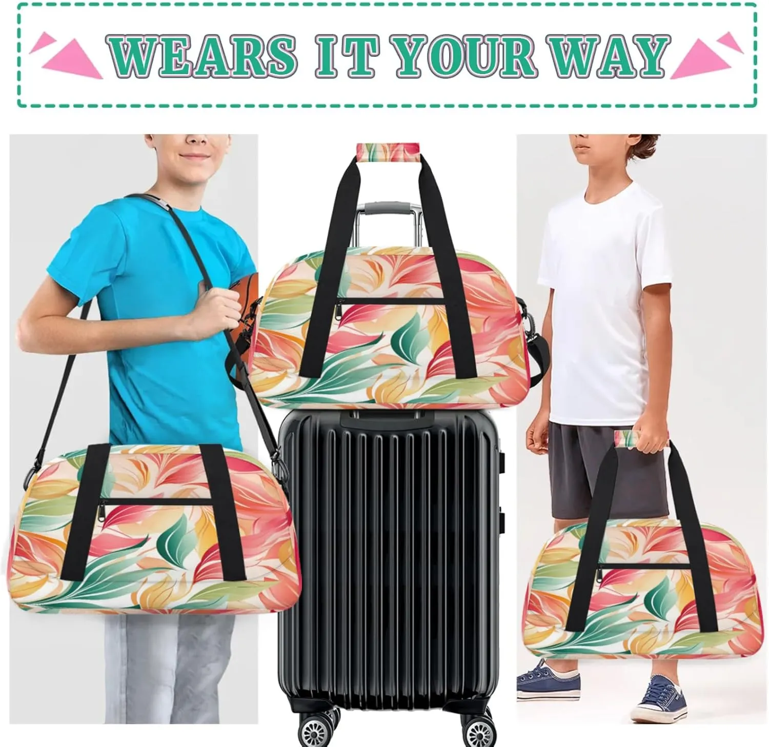 Floral Leaves Gym Bag for Women Men, Sports Travel Duffel Bag Lightweight Workout Bag Carry On Overnight Weekender Bag