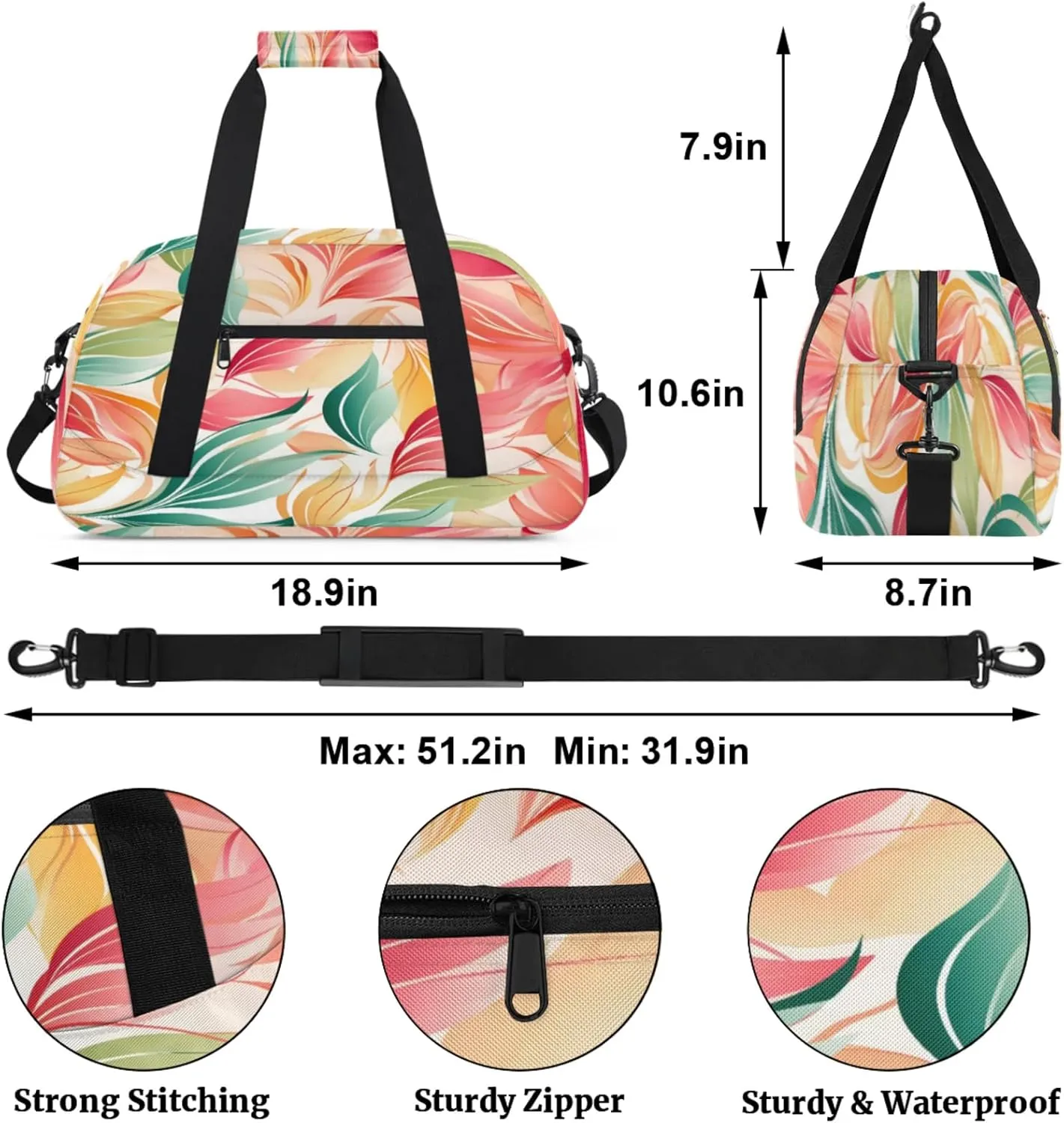 Floral Leaves Gym Bag for Women Men, Sports Travel Duffel Bag Lightweight Workout Bag Carry On Overnight Weekender Bag