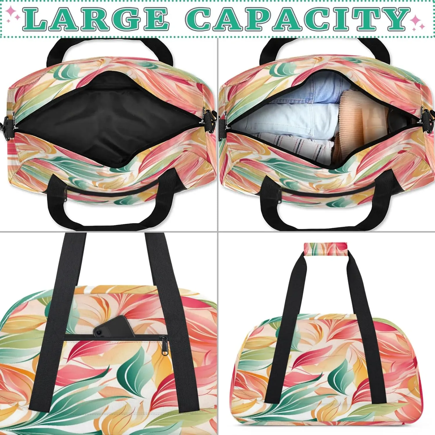 Floral Leaves Gym Bag for Women Men, Sports Travel Duffel Bag Lightweight Workout Bag Carry On Overnight Weekender Bag
