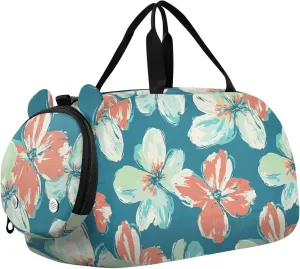 Flowers Turquoise and Coral Gym Duffel Bag with Shoes Compartment Lightweight Personal Item Travel Bag for Travel, Sports, Fitness & Workout