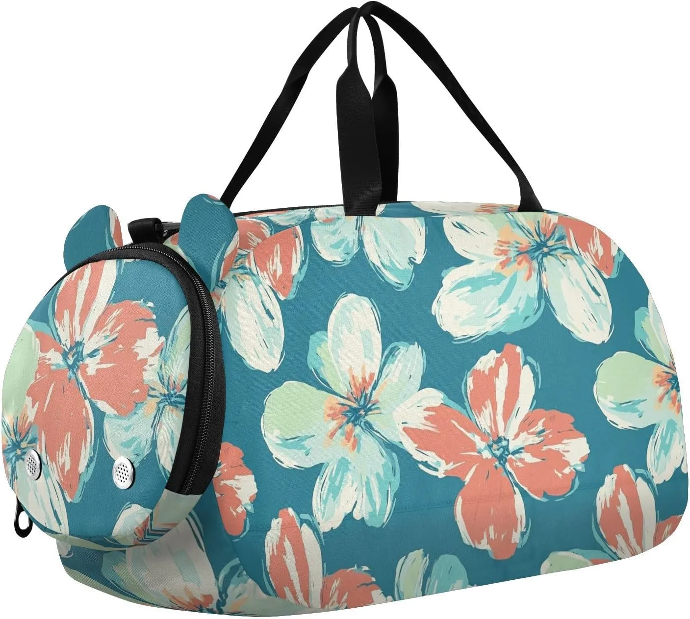 Flowers Turquoise and Coral Gym Duffel Bag with Shoes Compartment Lightweight Personal Item Travel Bag for Travel, Sports, Fitness & Workout