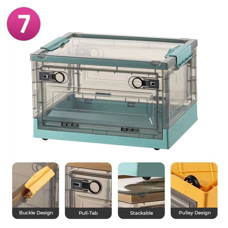 Foldable Plastic Storage Boxes with Latching Lids & Wheels, Clear Storage Stackable Container Bins