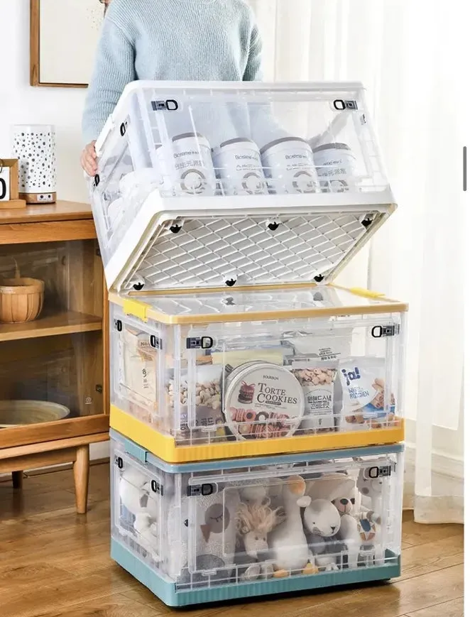 Foldable Plastic Storage Boxes with Latching Lids & Wheels, Clear Storage Stackable Container Bins