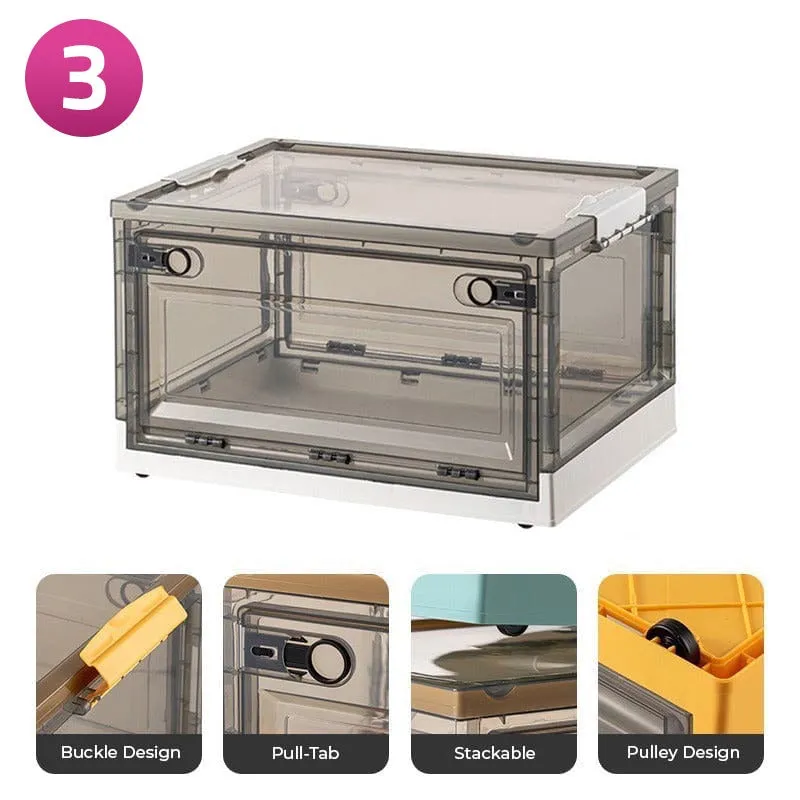 Foldable Plastic Storage Boxes with Latching Lids & Wheels, Clear Storage Stackable Container Bins