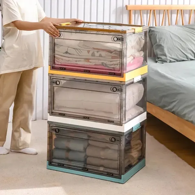 Foldable Plastic Storage Boxes with Latching Lids & Wheels, Clear Storage Stackable Container Bins