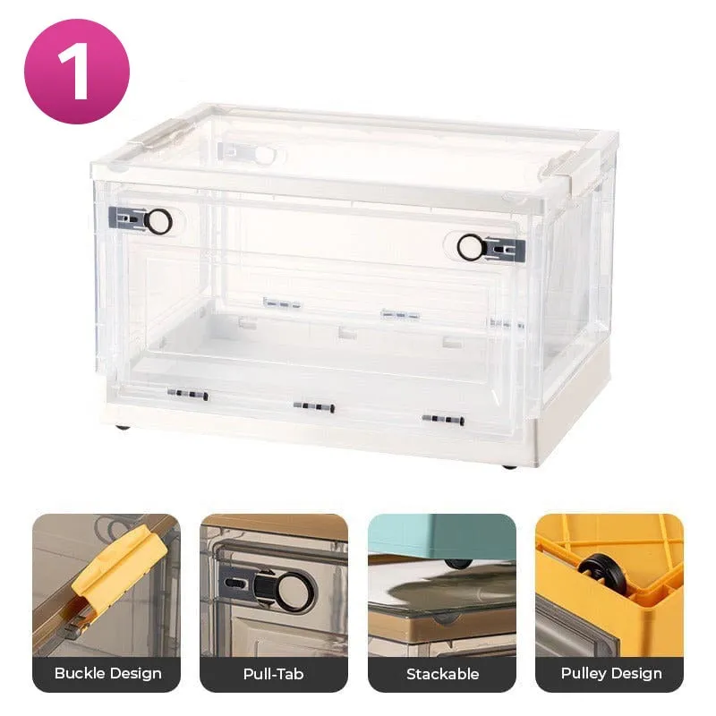 Foldable Plastic Storage Boxes with Latching Lids & Wheels, Clear Storage Stackable Container Bins