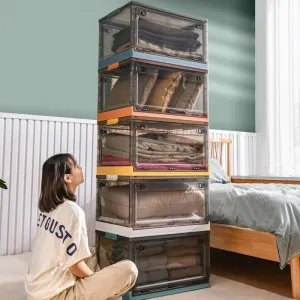 Foldable Plastic Storage Boxes with Latching Lids & Wheels, Clear Storage Stackable Container Bins