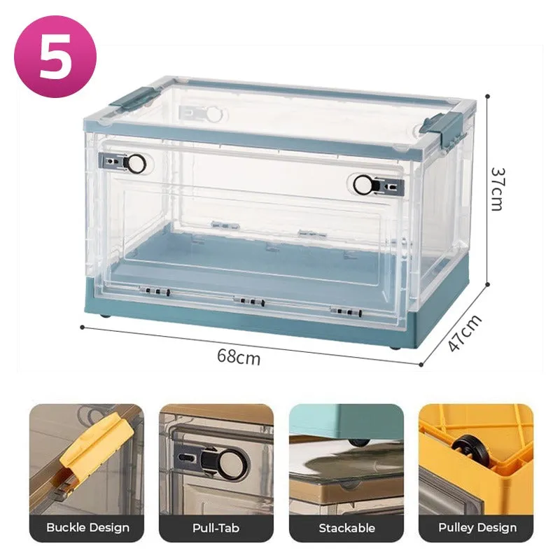Foldable Plastic Storage Boxes with Latching Lids & Wheels, Clear Storage Stackable Container Bins