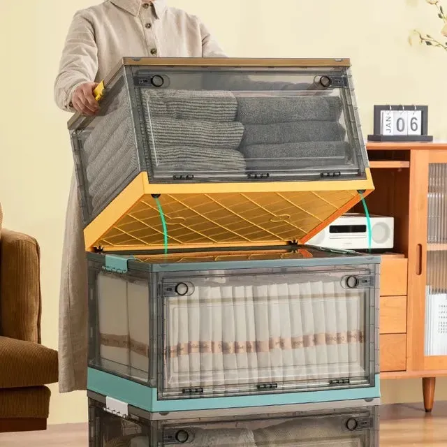 Foldable Plastic Storage Boxes with Latching Lids & Wheels, Clear Storage Stackable Container Bins