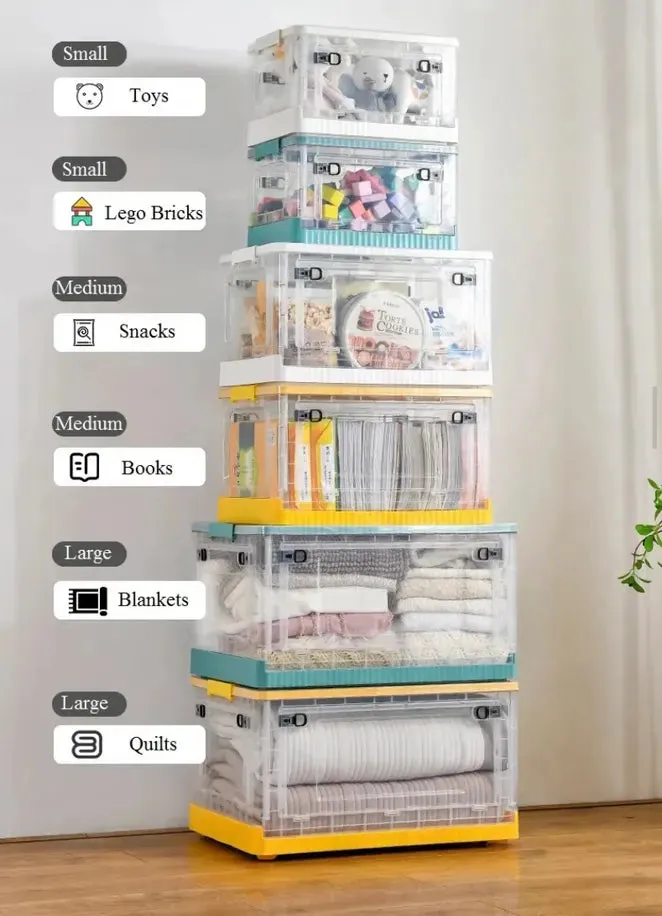 Foldable Plastic Storage Boxes with Latching Lids & Wheels, Clear Storage Stackable Container Bins