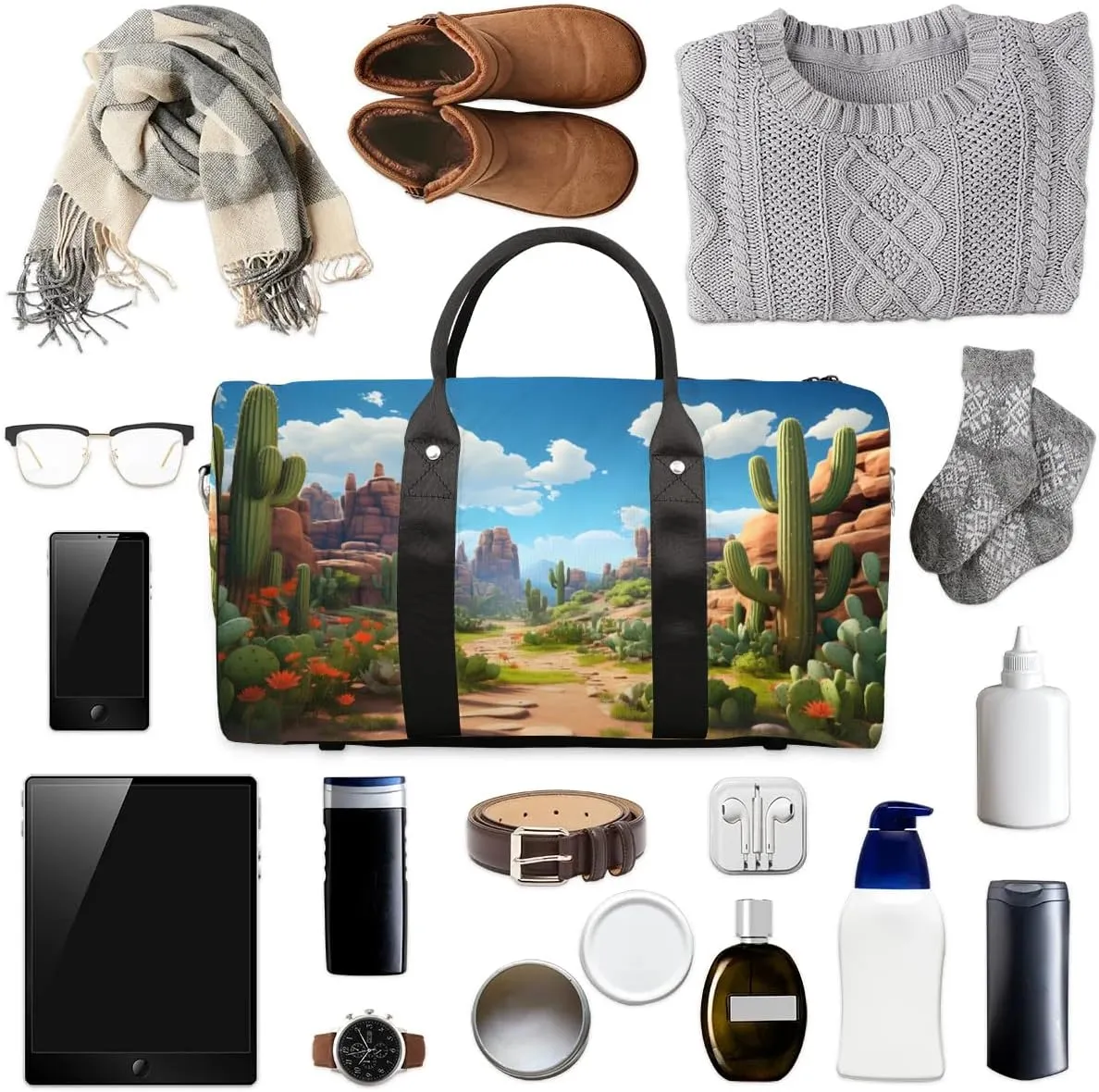Foldable Travel Bag Cactus Landscape Lightweight Carry On Bags for Airplanes Waterproof Travel Duffle Bag For Gym Weekend Overnight
