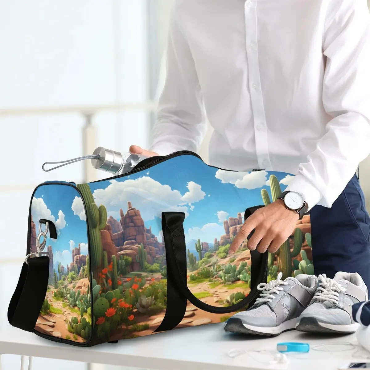 Foldable Travel Bag Cactus Landscape Lightweight Carry On Bags for Airplanes Waterproof Travel Duffle Bag For Gym Weekend Overnight