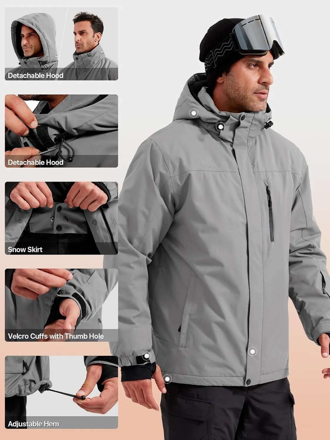 FREE SOLDIER Men's Waterproof Ski Snow Jacket Fleece Lined Warm Winter Rain Jacket with Hood Fully Taped Seams