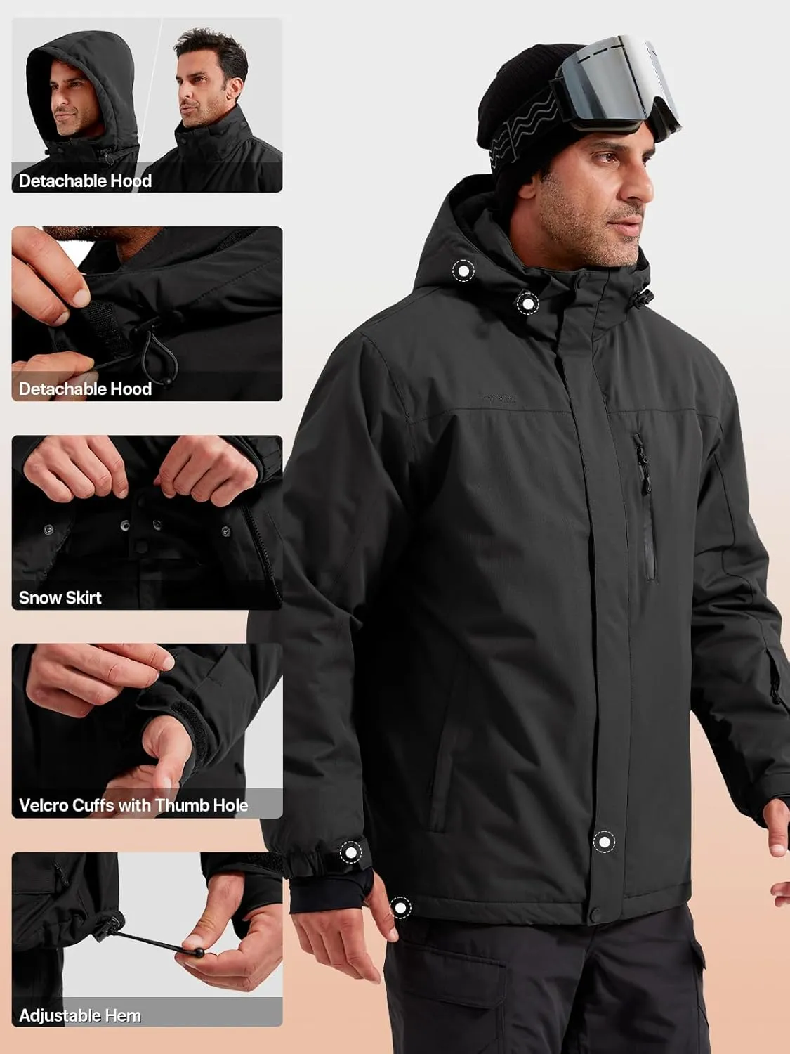 FREE SOLDIER Men's Waterproof Ski Snow Jacket Fleece Lined Warm Winter Rain Jacket with Hood Fully Taped Seams