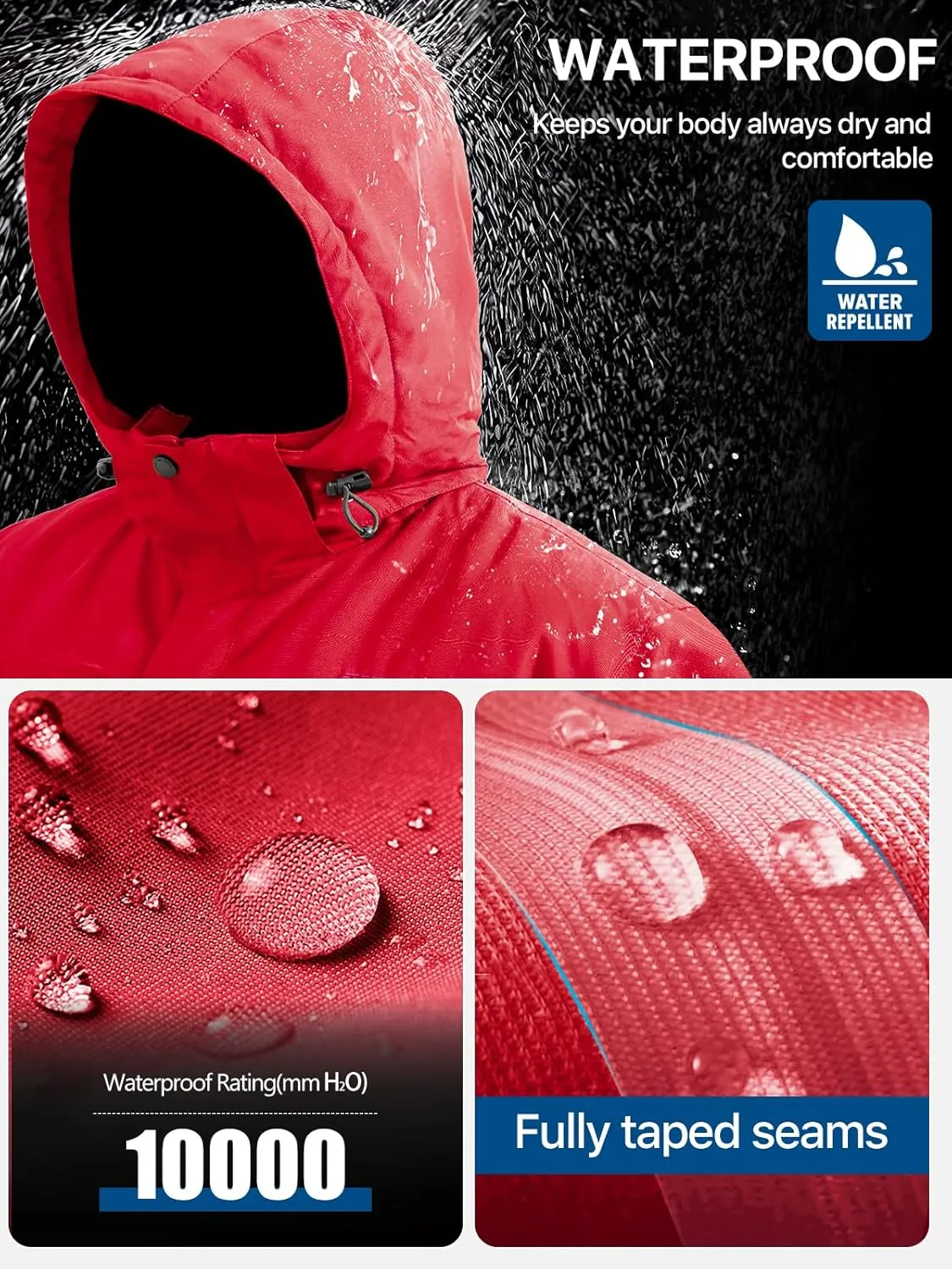 FREE SOLDIER Men's Waterproof Ski Snow Jacket Fleece Lined Warm Winter Rain Jacket with Hood Fully Taped Seams