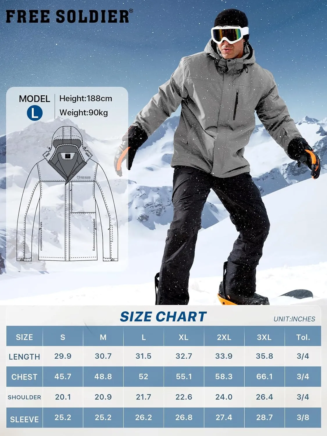 FREE SOLDIER Men's Waterproof Ski Snow Jacket Fleece Lined Warm Winter Rain Jacket with Hood Fully Taped Seams
