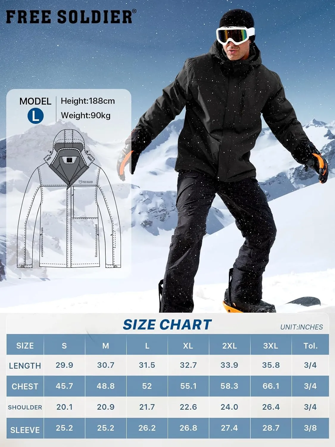 FREE SOLDIER Men's Waterproof Ski Snow Jacket Fleece Lined Warm Winter Rain Jacket with Hood Fully Taped Seams