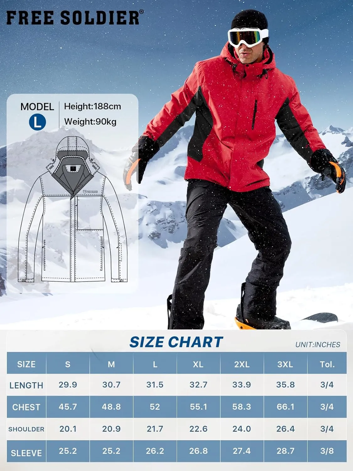 FREE SOLDIER Men's Waterproof Ski Snow Jacket Fleece Lined Warm Winter Rain Jacket with Hood Fully Taped Seams