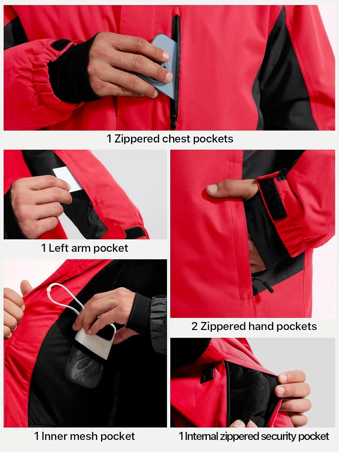 FREE SOLDIER Men's Waterproof Ski Snow Jacket Fleece Lined Warm Winter Rain Jacket with Hood Fully Taped Seams