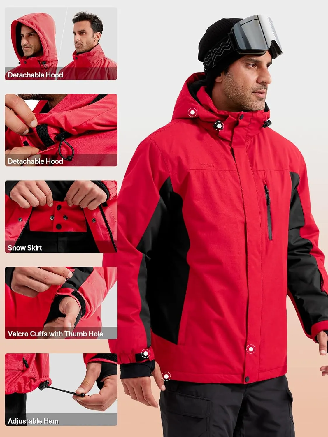 FREE SOLDIER Men's Waterproof Ski Snow Jacket Fleece Lined Warm Winter Rain Jacket with Hood Fully Taped Seams