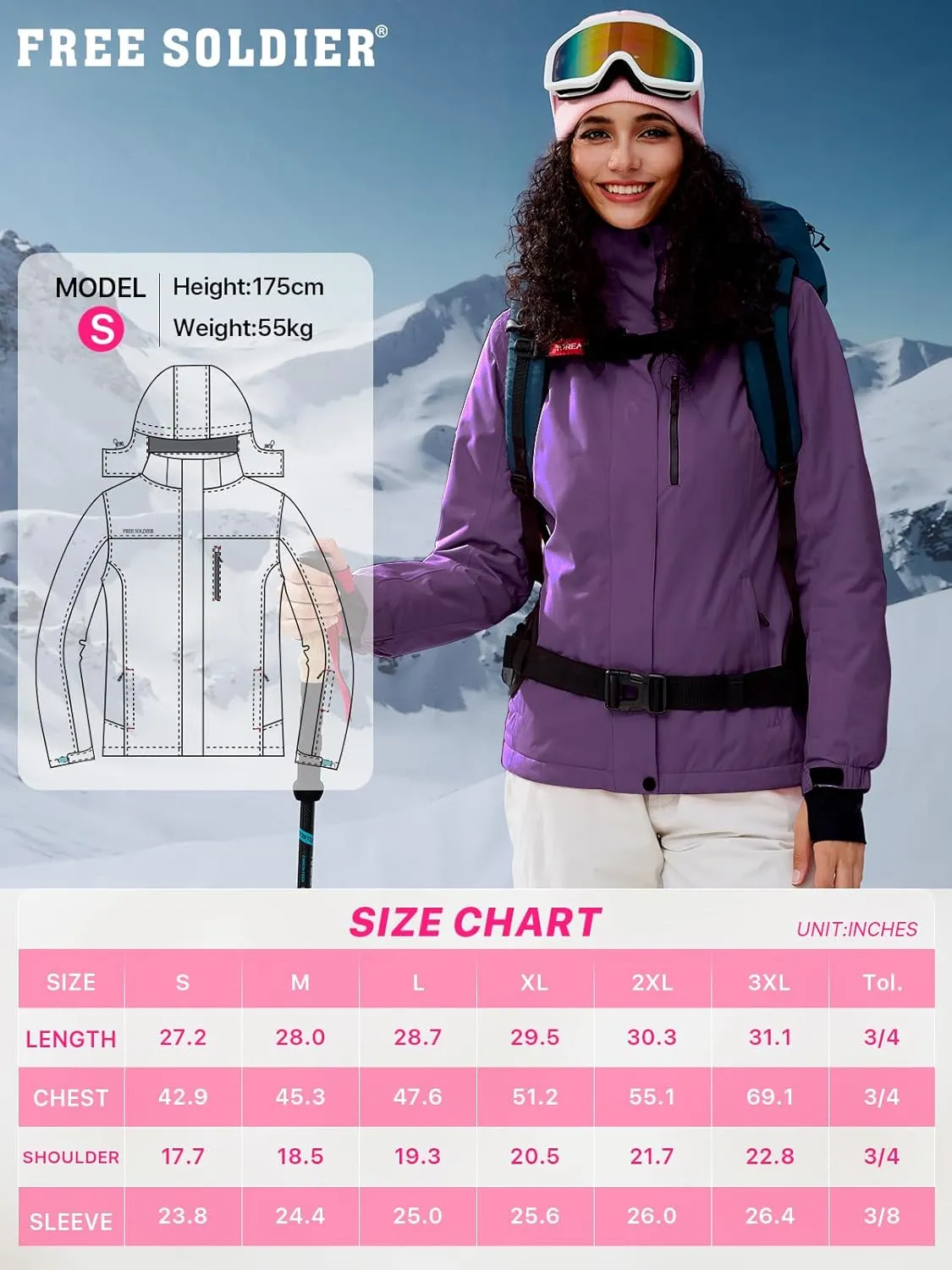 FREE SOLDIER Women's Waterproof Ski Snow Jacket Fleece Lined Warm Winter Rain Jacket with Hood Fully Taped Seams
