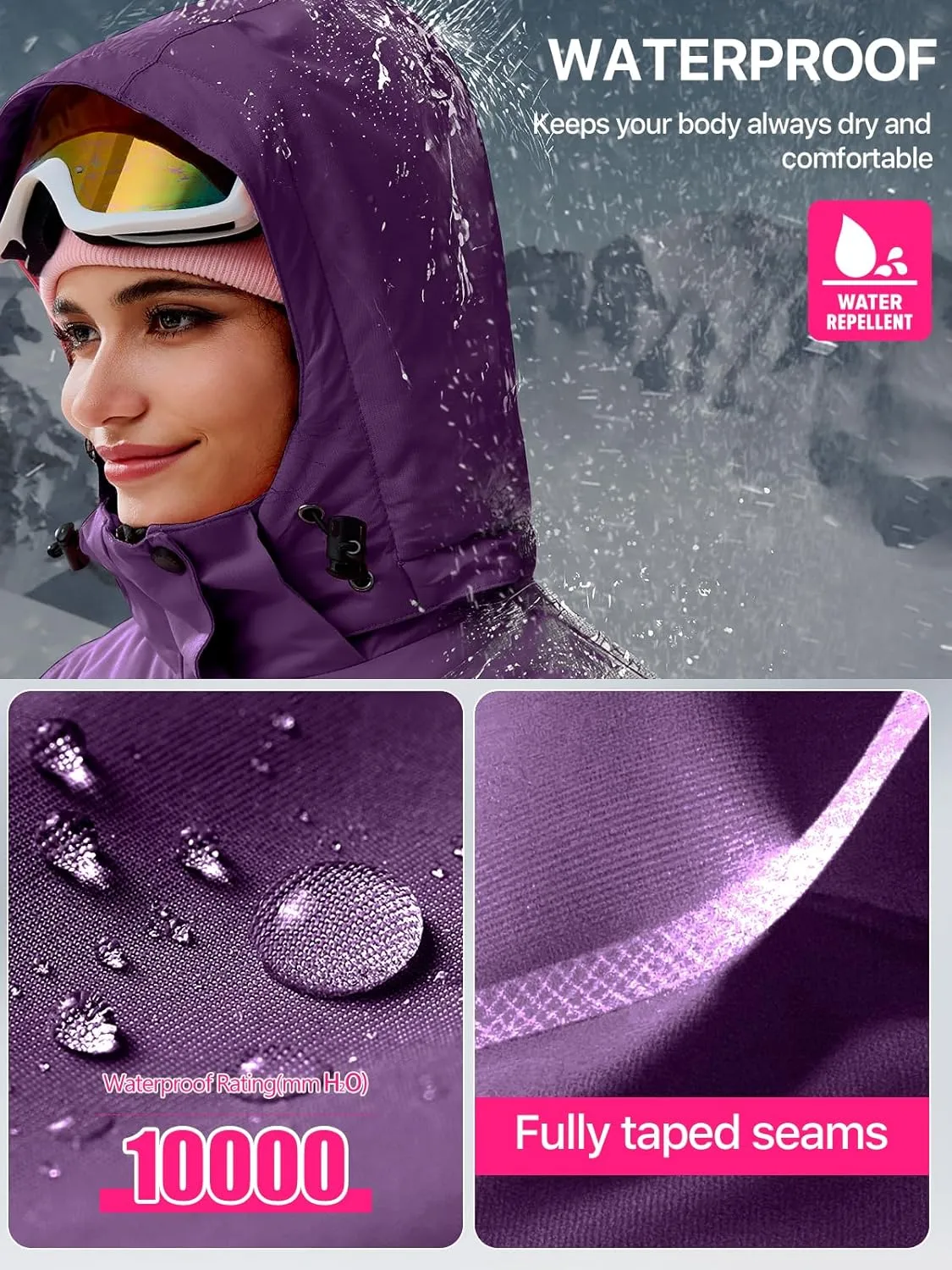 FREE SOLDIER Women's Waterproof Ski Snow Jacket Fleece Lined Warm Winter Rain Jacket with Hood Fully Taped Seams