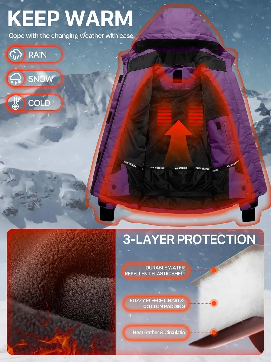 FREE SOLDIER Women's Waterproof Ski Snow Jacket Fleece Lined Warm Winter Rain Jacket with Hood Fully Taped Seams