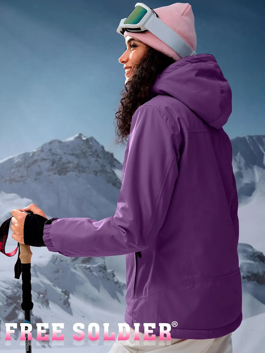 FREE SOLDIER Women's Waterproof Ski Snow Jacket Fleece Lined Warm Winter Rain Jacket with Hood Fully Taped Seams