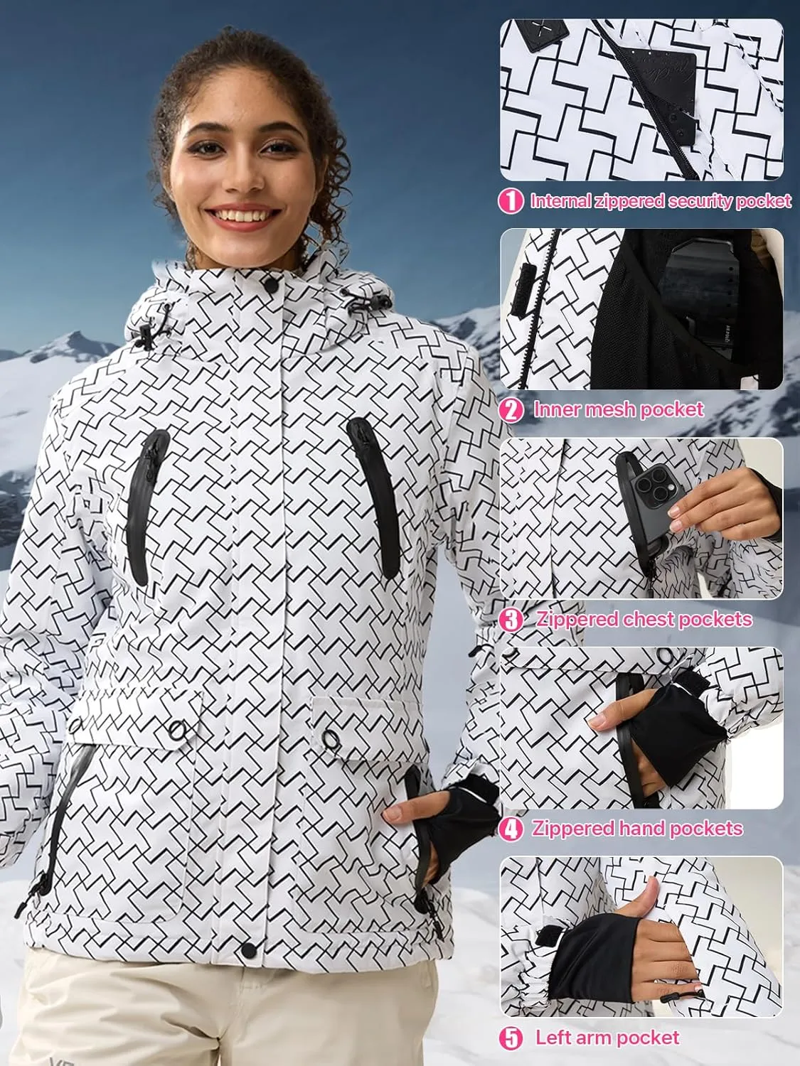 FREE SOLDIER Women's Waterproof Ski Snow Jacket Warm Fleece Lined Winter Rain Jacket with Hood Fully Taped Seams