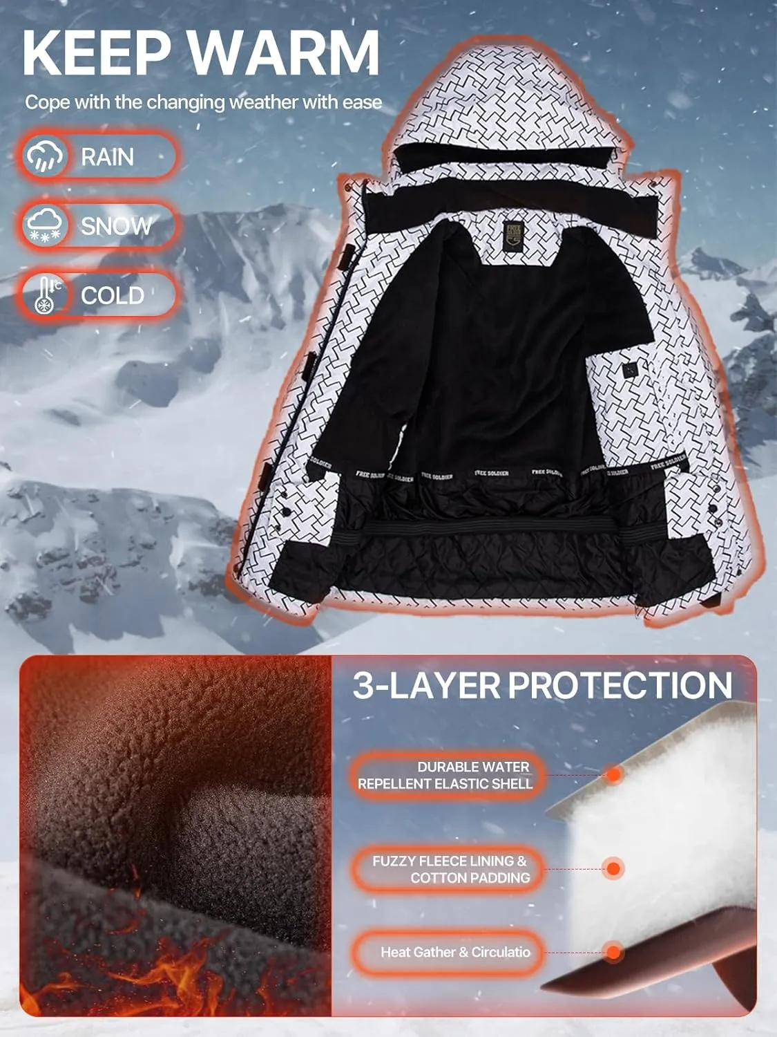 FREE SOLDIER Women's Waterproof Ski Snow Jacket Warm Fleece Lined Winter Rain Jacket with Hood Fully Taped Seams